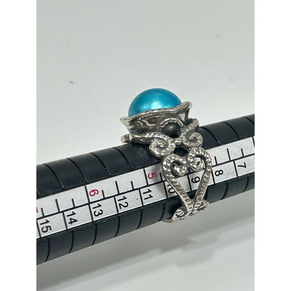 Dyed Blue Genuine Pearl Ring Size 5 Sterling Silver Israel 925 Ornate Wide Band - Picture 10 of 10